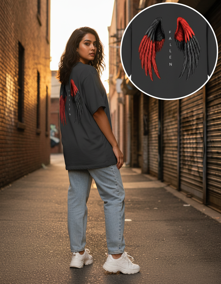 Oversized ‘Fallen’ Wings Unisex T-Shirt — Red & Black Emblem Streetwear